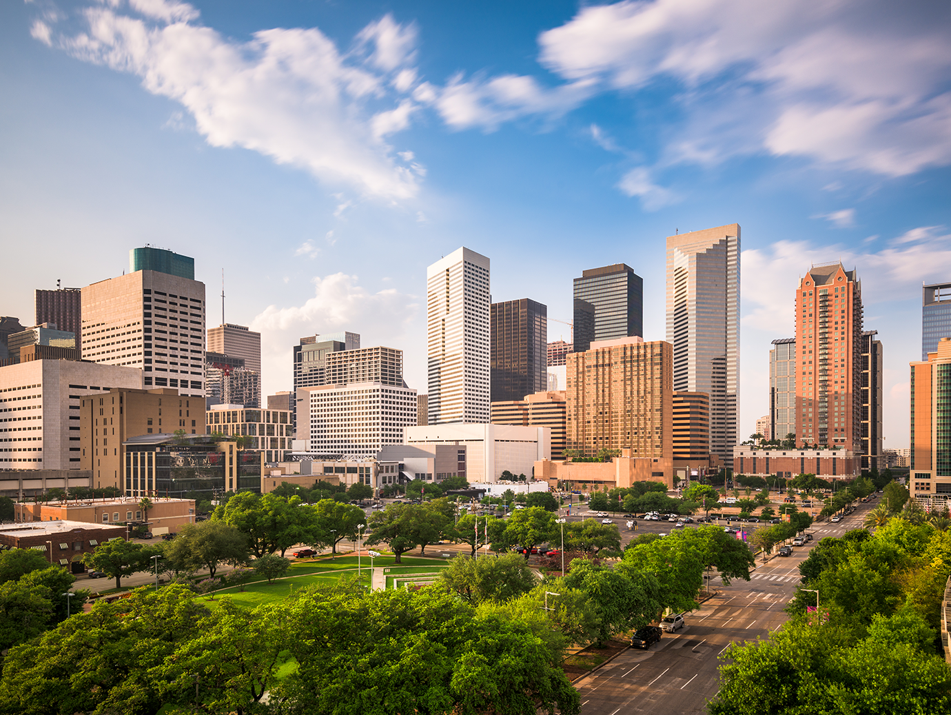A view of cityscape from a park