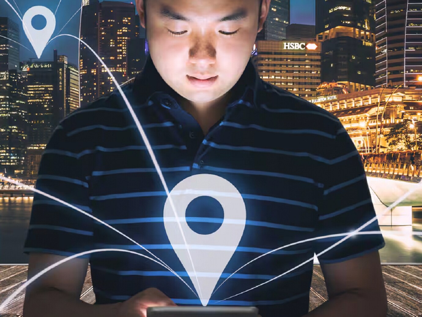 A man looking at his mobile with holographic projection of connections around him