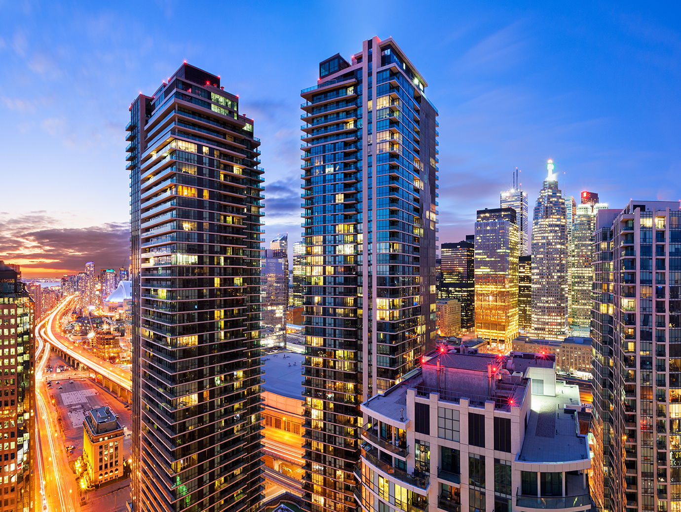 Areal view of cityscape at dusk