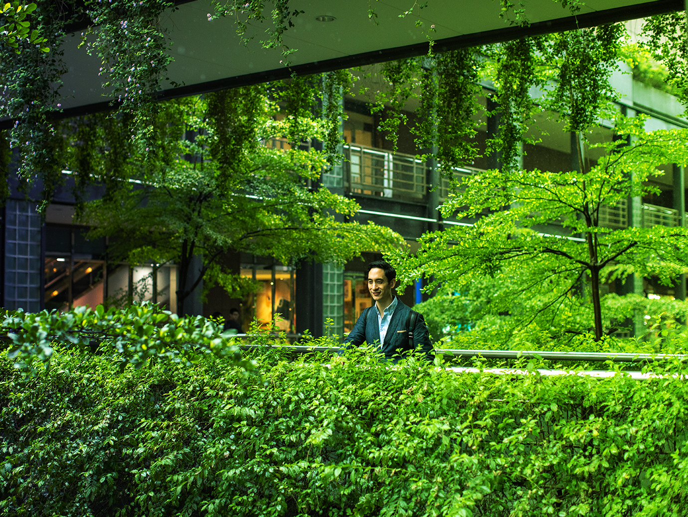 A man standing in a balcony surrounded by lush green plants and trees