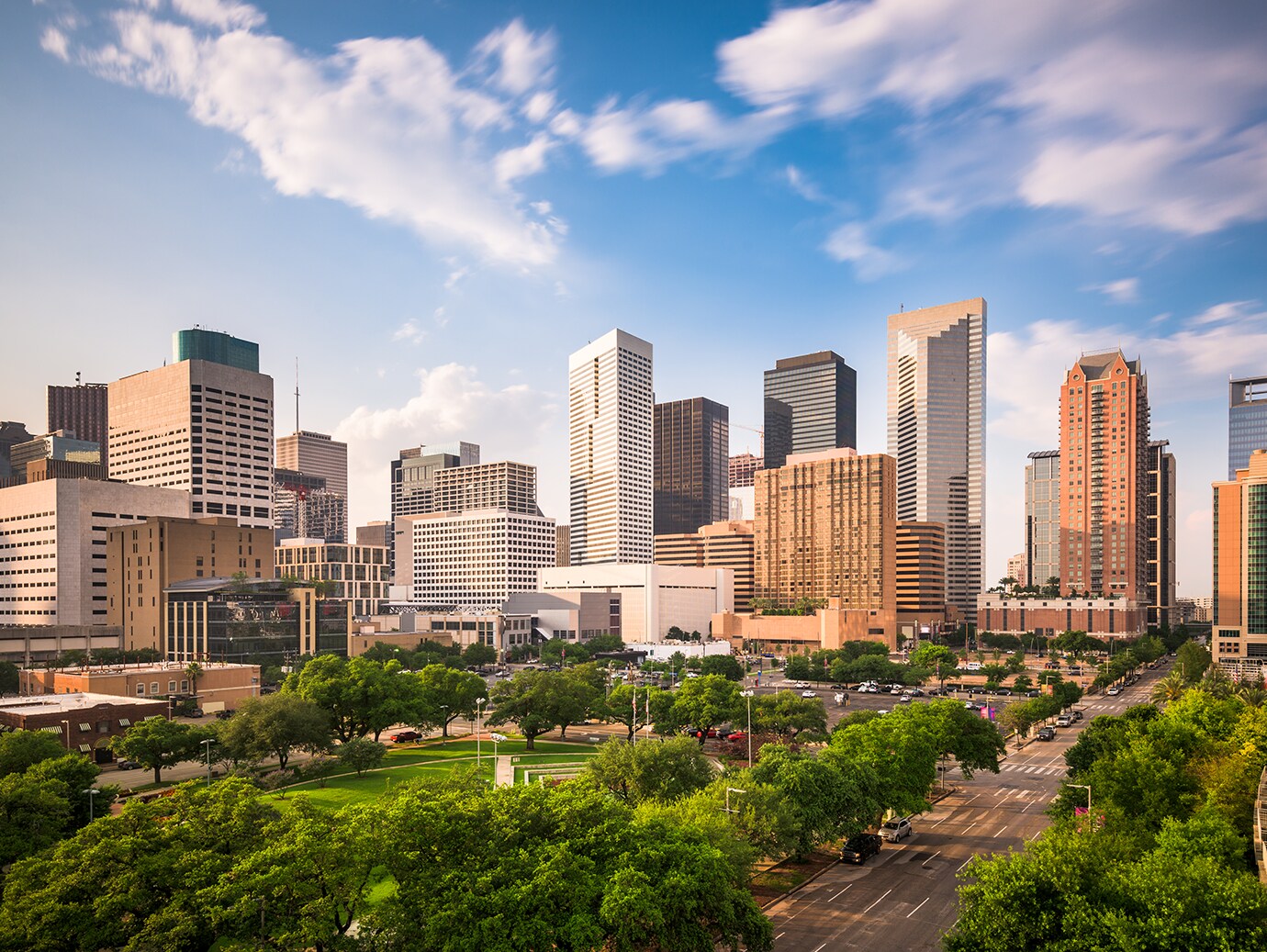 A view of cityscape from a park