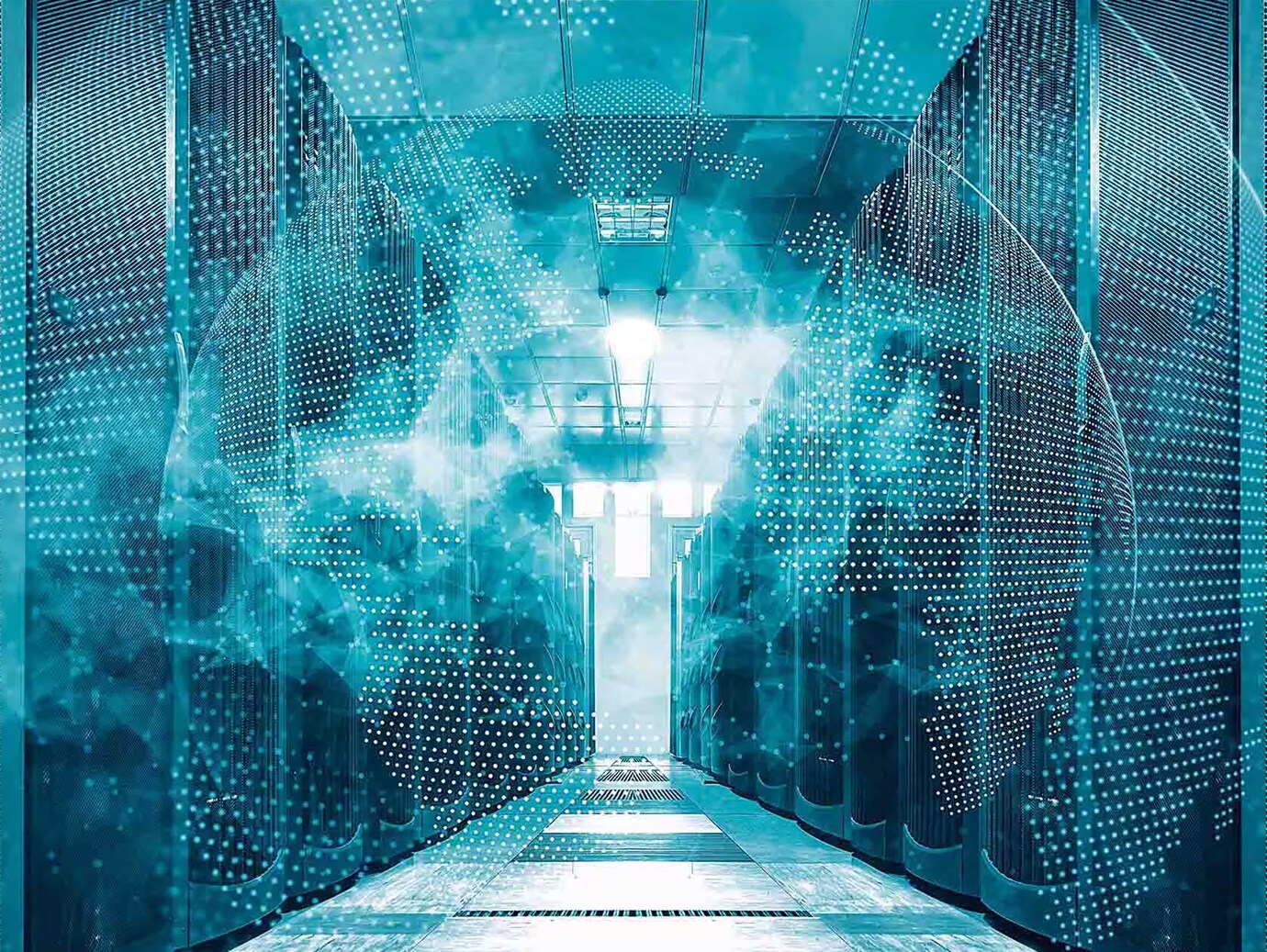 Interiors of a data server room with graphics of the earth